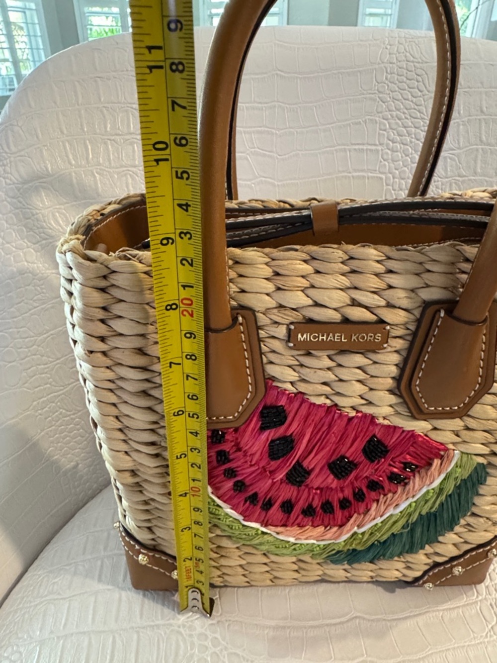 Michael Kors Straw Tote with Pink Watermelon Patch and Brown Leather Trim - Picture 10 of 12